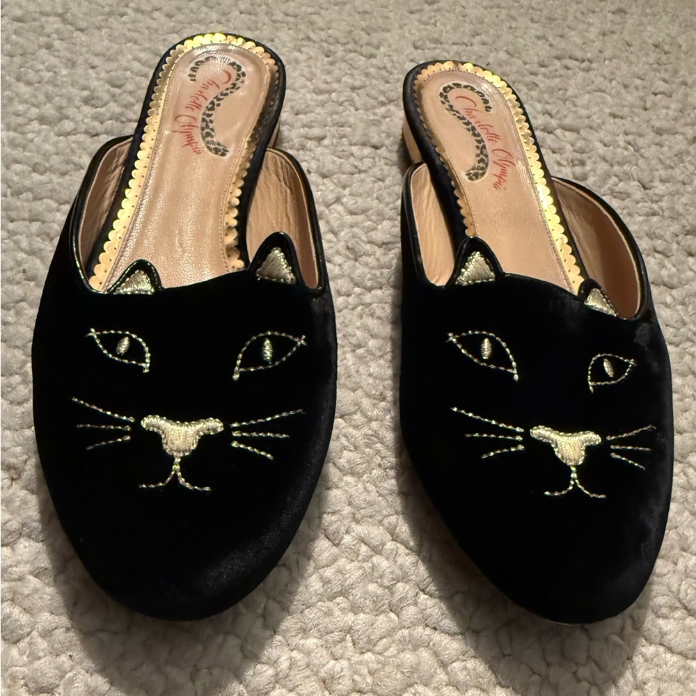 Charlotte Olympia Black Velvet Kitty Mules - Picture 2 of 3